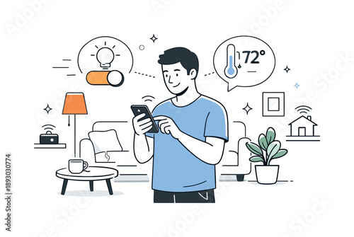 Smart Home Comfort. Home automation and smart home systems. A person calmly controlling lights and temperature from a smartphone, standing inside a modern