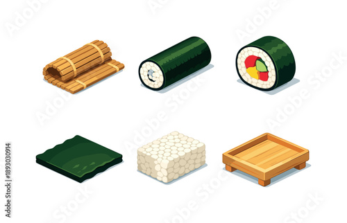 Isometric Sushi Icons. Maki Roll. Isometric flat vector icons set of maki roll: bamboo rolling mat, tight rolled sushi log, cross-section sushi slice, nori