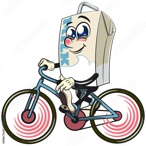 cute milk carton mascot character with straw enjoy riding a bike with smiling vector illustration, isolated vector illustration, work of hand drawn