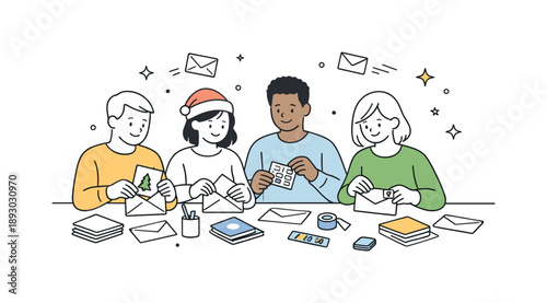 Holiday Card Collaboration. Friends mailing holiday cards together. Group placing cards into envelopes and adding stamps. Calm collaboration and festive