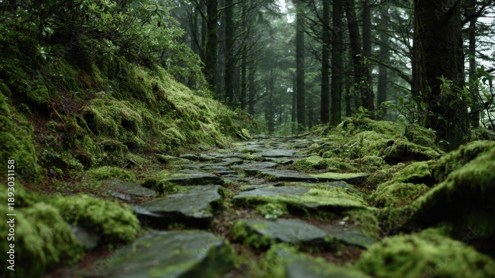 Obraz premium Mossy Stone Path Through Dense Forest