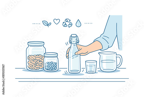 Eco-Friendly Kitchen Scene. Clear glass containers. A person placing a glass bottle on a kitchen counter, showing quiet motion, transparency, and eco-conscious