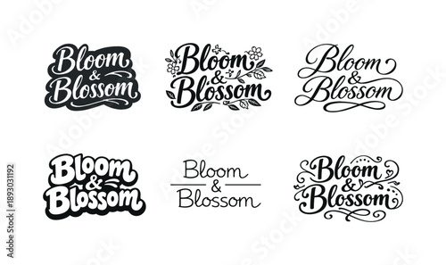 Bloom and Blossom Ensemble. Bloom and blossom lettering. Set lettering. harmonious lettering variations of the same emblematic concept, each with different