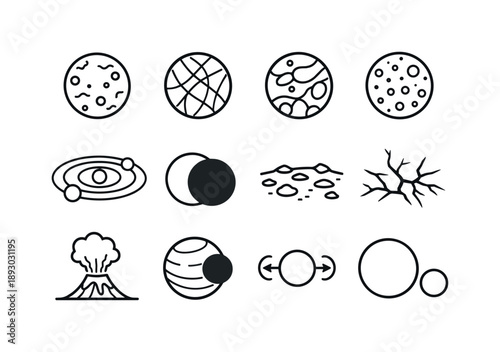 Jupiter's Moons Icons. Jupiter Moons. Line icon set of Jupiter Moons: Io moon, Europa moon, Ganymede moon, Callisto moon, moon orbit paths, eclipsed moon,