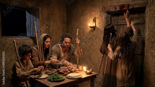 Israelite family eating the first Passover meal in haste inside ancient house with blood on doorpost