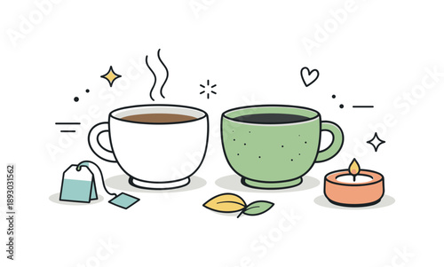 Mindful Tea Ritual. Mindful moments. Stoneware tea cups shown in a simple still life, emphasizing calm, warmth, and appreciation of everyday objects.