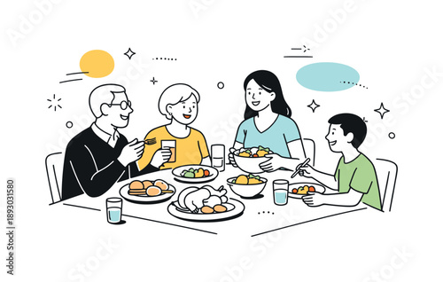 Family Dinner Harmony. Having dinner with family. Family members sitting around a dining table, sharing a meal and talking calmly together. Warm everyday