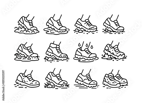 Dirty Sneakers Icons. Dirty Sneakers Usage. Line icon set of Dirty Sneakers Usage: walking through mud, stepping in puddle, trail running shoes, city street