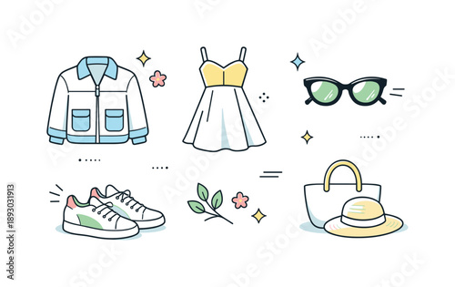Spring Wardrobe Icons. Spring wardrobe planning icons. A clean editorial set of clothing icons like jacket, dress, sneakers and sunglasses, arranged neatly to