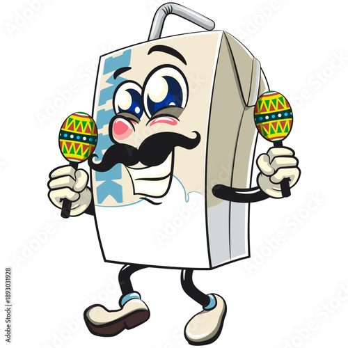 cute milk carton mascot character with straw have moustache playing maracas, isolated vector illustration, work of hand drawn