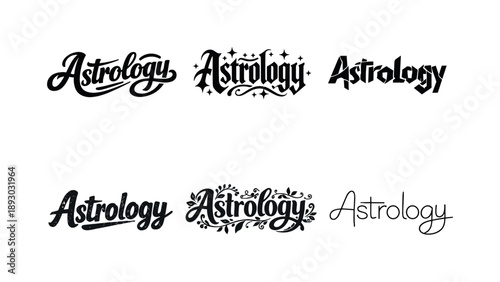 Astrological Lettering Variations. Astrological symbols lettering. Set lettering. harmonious lettering variations of the same emblematic concept, each with