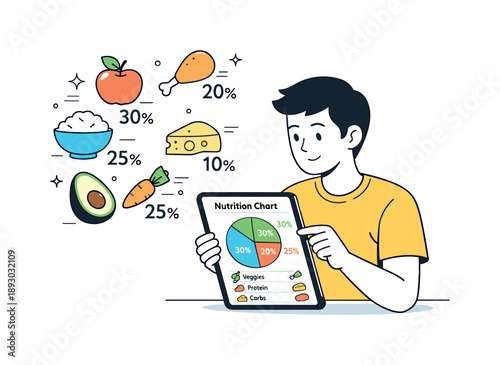 Balanced Nutrition Illustration. Nutrition chart illustration. A clean scene with a character reviewing a balanced nutrition chart on a tablet, simple food
