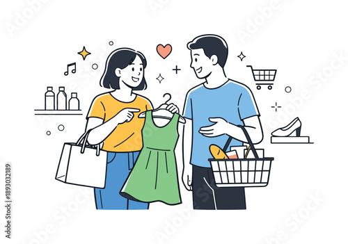 Couple Shopping Delight. Couple shopping moment. Two people choosing items and enjoying time together while shopping. Lighthearted interaction and relaxed