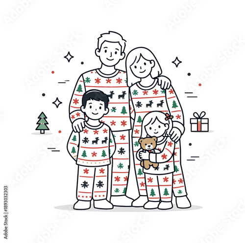 Festive Family Pajamas. Wearing holiday pajamas together. Family standing in matching holiday pajamas, relaxed smiles and cozy posture. Warm festive mood and