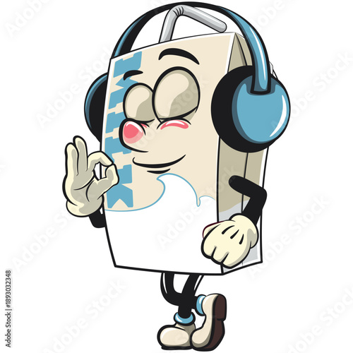 cute milk carton mascot character with straw listening to headset while dancing, isolated vector illustration, work of hand drawn