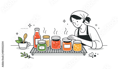 Artisanal Food Craft. Handcrafted food production. Jars of sauces, spices, and preserves cooling on a counter, emphasizing slow food and artisanal care. Clean