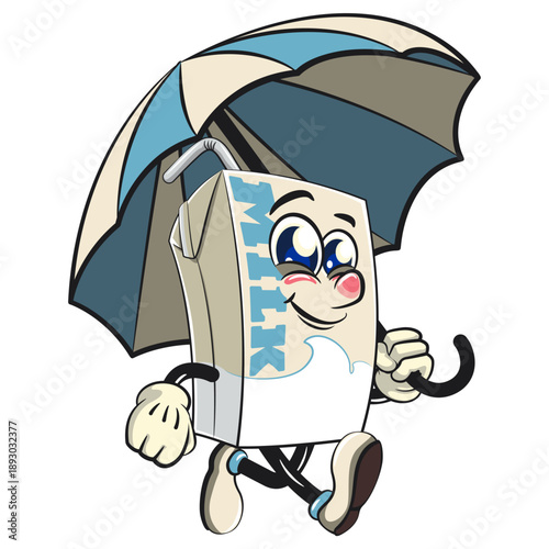cute milk carton mascot character with straw walking with an umbrella, isolated vector illustration, work of hand drawn