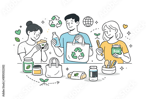 Mindful Shopping Choices. Mindful consumption. People choosing sustainable products with simple packaging, thoughtful gestures and calm expressions emphasizing