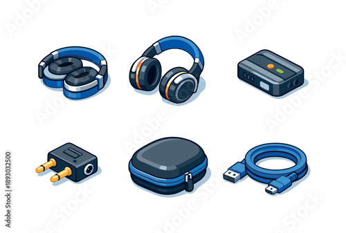Travel Headphones Icons. Travel Headphones. Isometric flat vector icons set of Travel Headphones: compact foldable headphones, swivel ear cups, noise reduction