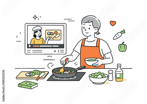 Calm Cooking Tutorial. Healthy cooking learning. Person cooking while watching a simple tutorial on a screen, calm and curious expression. Everyday learning