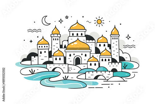 Mythical Cityscape Illustration. Ancient mythical city. Stone towers, golden rooftops, and abstract rivers flowing through the city. Calm, fantastical mood