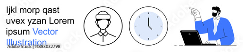 Professional advice, timekeeping, business management, productivity, teamwork, online collaboration. Man pointing while working on laptop, icon of a clock and a professional avatar. Business