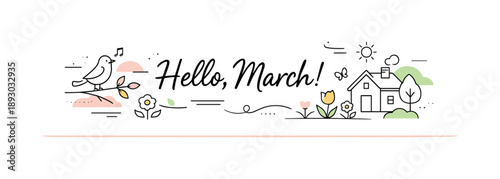 Spring Banner Design. March seasonal banner templates. A clean horizontal banner with soft spring color accents, abstract shapes, and light decorative lines