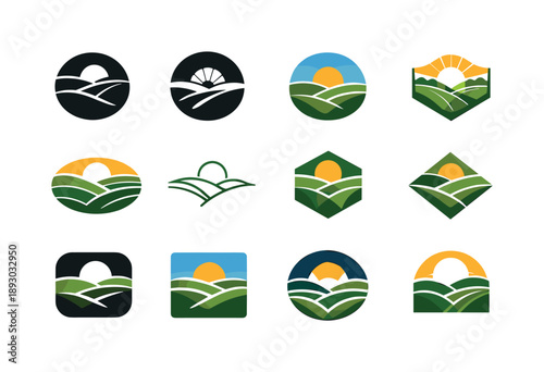 Open Field Icons. Open Field. Icon set. Set Logo of Open Field: rolling meadow landscape. harmonious logo variations of the same emblematic concept, each with