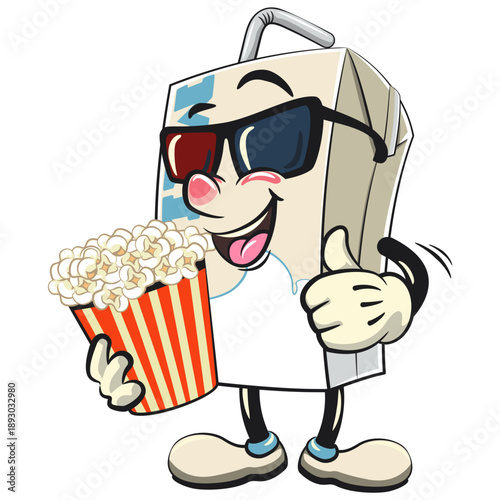 cute milk carton mascot character with straw with a bucket of popcorn with wearing 3d glasses with smiling, isolated vector illustration, work of hand drawn