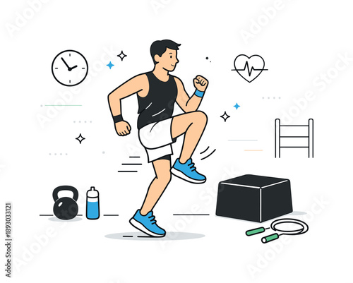 High-Intensity Gym Workout. HIIT cardio training. A person runs in place with high knees inside a gym space, alternating speed and intensity. Fast pace, focus,