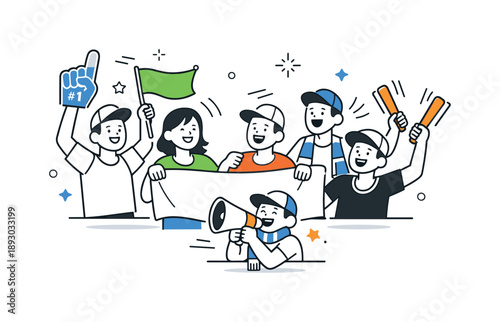 Cheering Sports Enthusiasts. Sports event spectators. A simple scene showing fans cheering with flags, banners, or clappers, highlighting community and