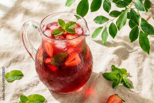 Refreshing pitcher of cold red strawberry lemonade with mint leaves and ice on a linen tablecloth in a bright sunny garden setting