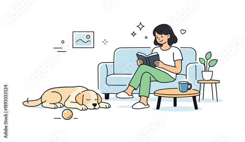 Cozy Pet Companionship. Pets in home environments. A dog lying peacefully near a sofa while its owner reads a book, sharing a quiet moment at home. The scene