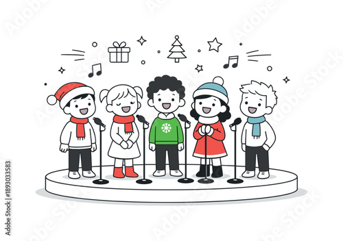 Joyful Holiday Concert. Kids performing holiday concert. Children standing on a small stage, singing together with simple microphones. Festive excitement and