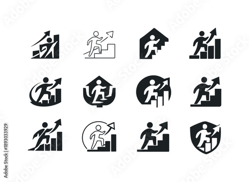 Progress Icon Variations. Tracking progress and self-improvement. Icon set. Set Logo of Tracking progress and self-improvement: human figure leveling up.