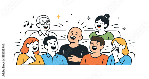 Laughter in Motion. Comedy play audience moment. View of the audience mid-laughter with subtle motion lines around heads and shoulders. The scene highlights