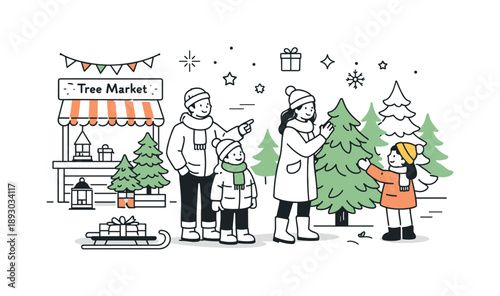 Family Christmas Tree Shopping. Christmas tree market visit. Family members browsing trees outdoors and enjoying the seasonal atmosphere. Quiet excitement and