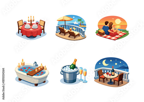 Romantic Getaway Icons. Romantic getaway scenes. Isometric flat vector icons set of Romantic getaway scenes: candlelit dinner table, seaside hotel balcony,