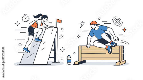 Energetic Obstacle Course Adventure. Fitness challenges and obstacle courses. Athletes climbing walls and jumping over barriers in an outdoor obstacle course,
