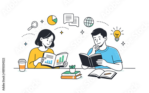 Curious Study Session. Shared non-fiction study. Two people reading nonfiction books with charts and text, calm gestures and open space showing curiosity,