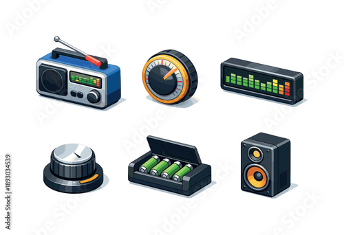 Portable Stereo Icons. Portable stereo. Isometric flat vector icons set of portable stereo: compact radio body, tuning dial wheel, LED frequency display,