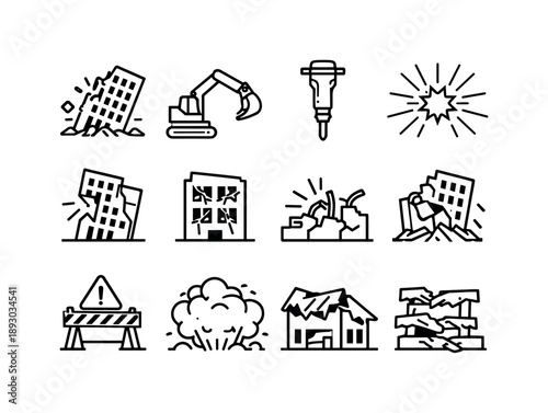 Building Demolition Icons. Building Demolition. Line icon set of Building Demolition: collapsing building, excavator arm, hydraulic breaker, implosion lines,