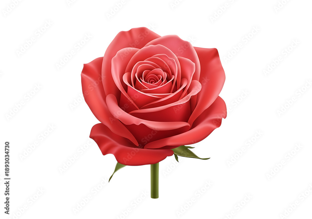 Fototapeta premium Red Rose with Green Stem and Leaves isolated on a transparent background rose flower green leaves floral