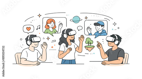 Virtual Reality Connection. People using VR social space. Friends wearing VR headsets and interacting through virtual avatars. Friendly connection and shared