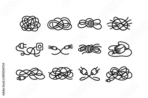 Messy Cable Icons. Messy Cables. Line icon set of Messy Cables: wire tangle mass, power cord loops, charger cable knot, overlapping electric lines, plug and