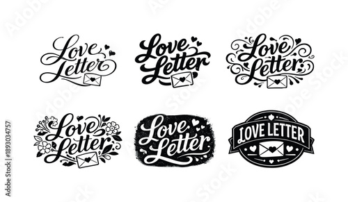Love Letter Art Variations. Love letter script design. Set lettering. harmonious lettering variations of the same emblematic concept, each with different