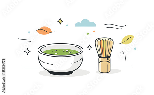Serene Matcha Moment. Japanese tea moment. A matcha bowl on a table with whisk nearby, calm lifestyle mood inspired by slow living. Soft abstract elements