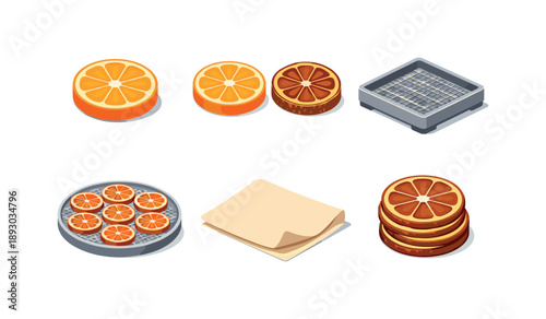 Citrus Drying Process. Citrus Drying. Isometric flat vector icons set of citrus drying: fresh orange slice, dried orange slice comparison, drying rack tray,