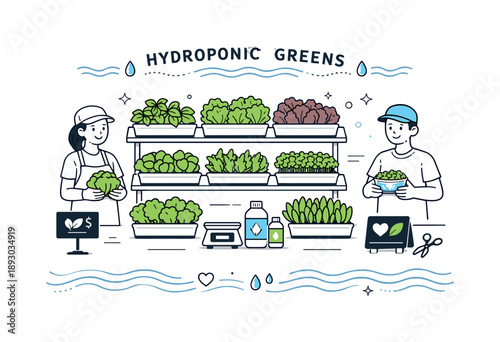 Hydroponic Greens Display. Hydroponic greens retail display. Rows of vibrant greens grown without soil are arranged in a minimal market setup. Clean food,