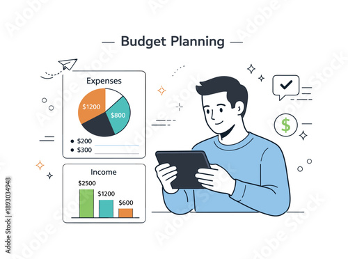Financial Clarity Illustration. Budget planning overview. Professional reviewing expenses and income charts on a tablet, calm focus on financial clarity. Clean